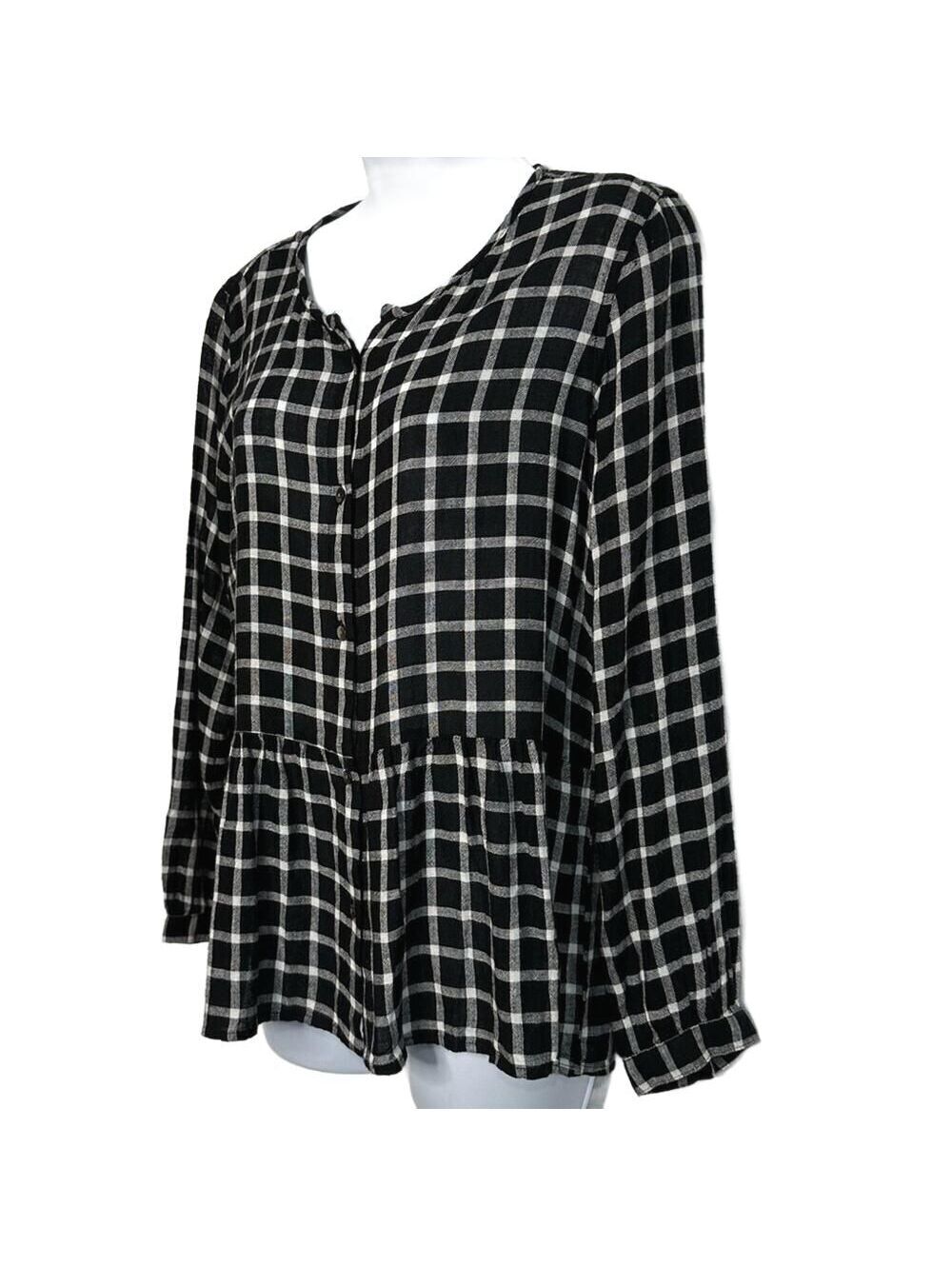 Rails Celeste Plaid Peplum Top Black White Checkered Button Front Blouse Small